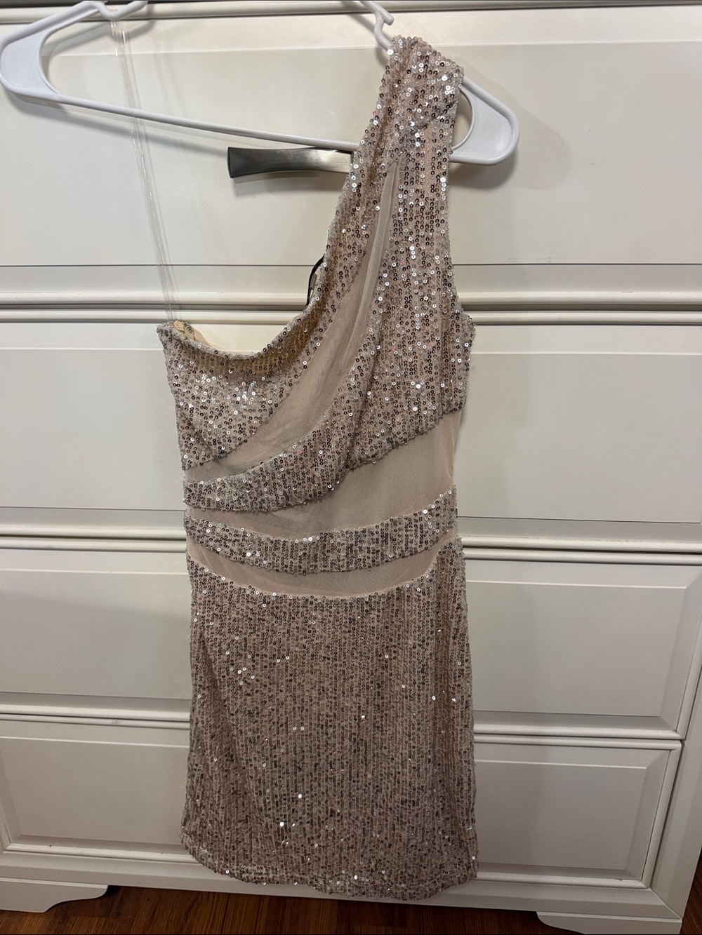 Fashion Nova One-Shoulder Sequin Dress in Champagne - Picture 2 of 4